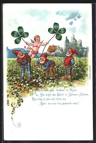 AK Zwerge und kleiner Engel schneiden vierblättrige Kleeblätter