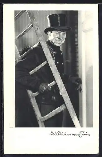 AK Schornsteinfeger mit Leiter an der Haustür, Neujahrsgruss