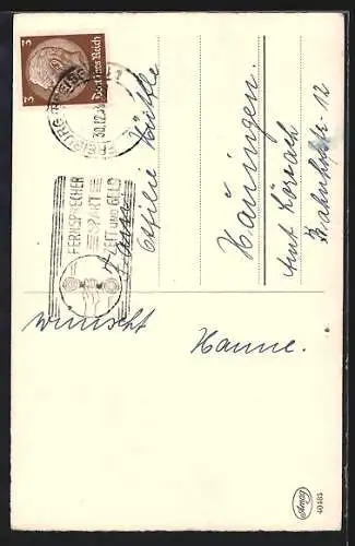 AK Schornsteinfeger mit Leiter an der Haustür, Neujahrsgruss