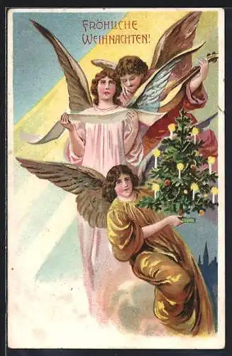 AK Singende Engel mit Weihnachtsbaum