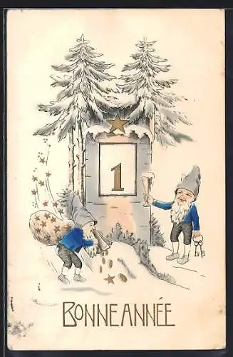AK Zwerge mit Geldsack und Sektglas im Schnee, Bonne Année