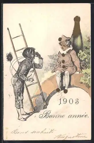 AK Schornsteinfeger und Pierrot mit Sektflasche, Neujahr 1903, Ganzsache