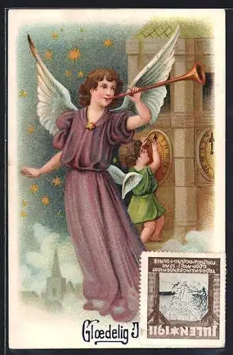 AK Weihnachtsengel am nächtlichen Kirchturm, Glaedelig Jul