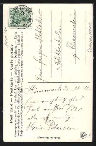 AK Weihnachtsengel am nächtlichen Kirchturm, Glaedelig Jul