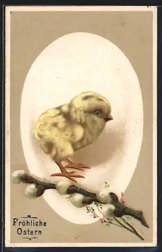 AK Osterküken mit einem Weidenzweig, Fröhliche Ostern
