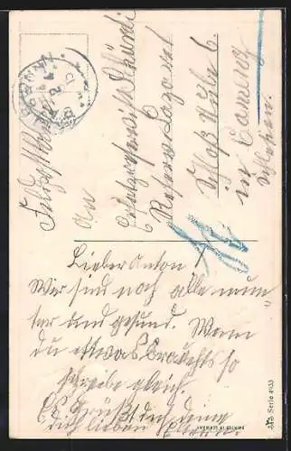 AK Osterküken mit einem Weidenzweig, Fröhliche Ostern