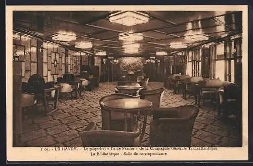 AK Le paquebot Ile de France de la Compagnie Générale Transatlantique, La Bibliothèque