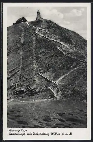AK Berghütte auf der Schneekoppe mit Zickzackweg, Riesengebirge