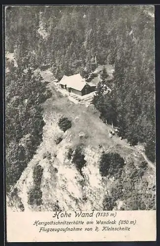 AK Herrgottschnitzerhütte, Berghütte am Wandeck, Hohe Wand, Fliegeraufnahme