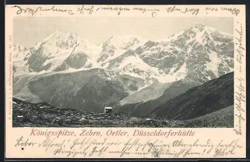 AK Düsseldorferhütte, Berghütte mit Königsspitze, Zebru und Ortler