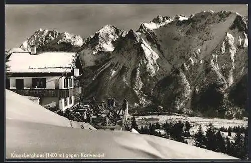 AK Kranzberghaus, Berghütte im Schnee gegen Karwendel