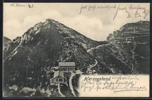 AK Herzogstandhäuser, Panorama mit Berghütten