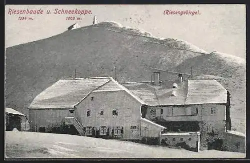 AK Riesenbaude, Berghütte und Schneekoppe, Riesengebirge