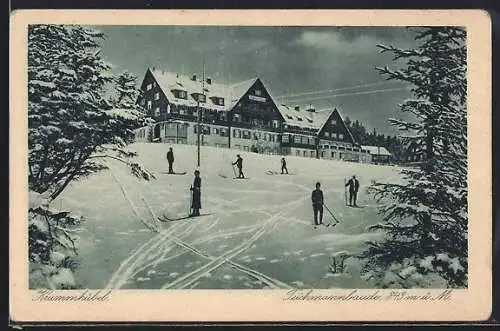 AK Teichmannbaude, Riesengebirge, Skifahrer am Hang vor der Berghütte, Winteransicht, mit Hüttenstempel