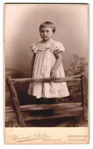 Fotografie Heinrich Peltz, Halberstadt, Kaiserstrasse 60, Kind im Kleid vor rustikalem Zaun