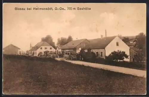 AK Glasau bei Hellmonsödt, Ortseingangsstrasse mit Häuserpanorama, Autobus, Versammlung