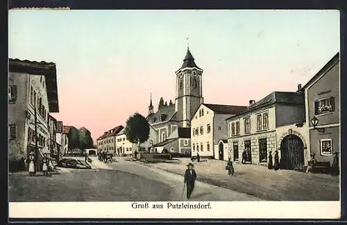 Goldfenster-AK Putzleinsdorf, Strassenpartie, Häuser mit leuchtenden Fenstern