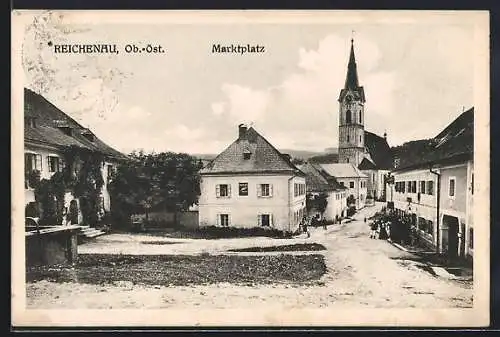 AK Reichenau /Ob.-Öst., Marktplatz mit Brunnen und Kirche, Panorama