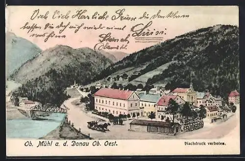 AK Obermühl a. d. Donau, Ortsansicht mit Donaubrücke und Bergpanorama