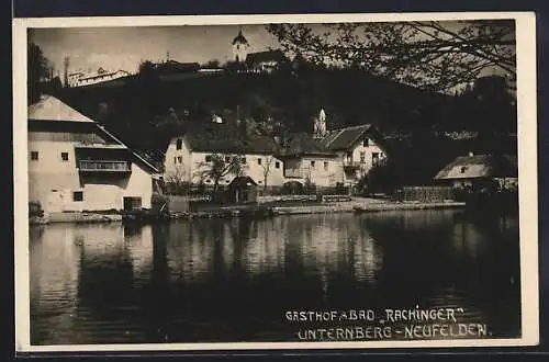 AK Unternberg-Neufelden, Gasthof & Bad Rachinger, vom Wasser gesehen, mit Kirche