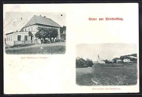 AK Kirchschlag, Josef Mahringers Gasthaus zum Schauerwald, Ortspanorama von einem Feld aus