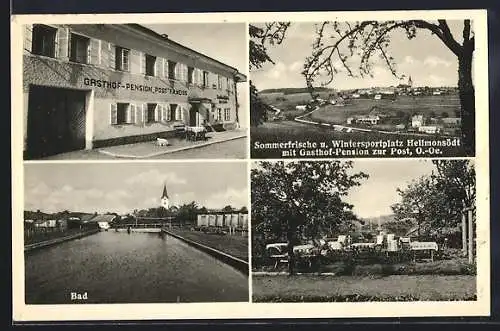 AK Hellmonsödt /O. Oe., Gasthof-Pension zur Post F. R. Weiss, Bad mit Kirchenblick, Gesamtansicht mit Landstrasse