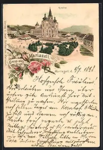 Lithographie Mariazell, Kirche mit Anlagen u. umgebenden Häusern, Rose, Maiglöckchen