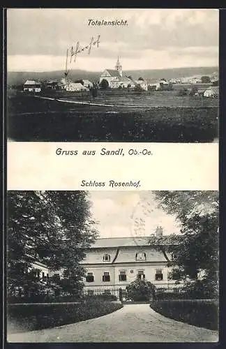 AK Sandl /O.-Oe., Schloss Rosenhof mit Anlage, Totalansicht mit Landstrasse aus der Vogelschau