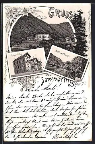 Lithographie Semmering, Hotel Waldhof, Bofferos-Tunnel, Semmering Hotel mit Umgebung