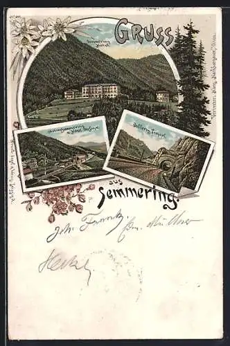 Lithographie Semmering, Station u. Hotel Stefanie, Bofferos-Tunnel, Semmering Hotel mit Umgebung