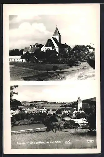 AK Dimbach bei Grein, Ortspartie mit Kirche, Gesamtansicht von einer Wiese aus