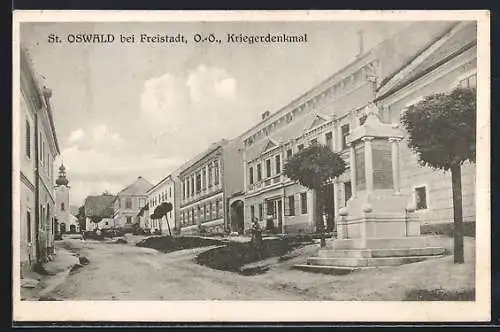 AK St. Oswald bei Freistadt, Kriegerdenkmal mit Strassenpartie