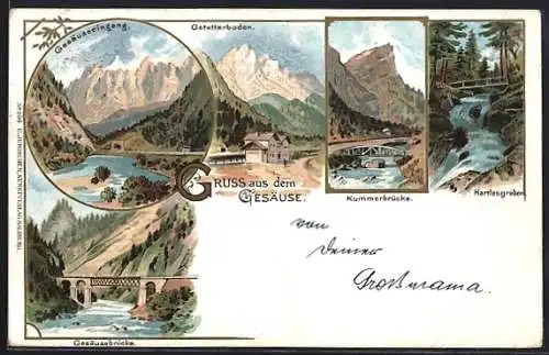 Lithographie Gesäuse, Gstatterboden, Kummerbrücke, Gesäusebrücke