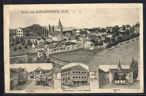 Künstler-AK Sarleinsbach /O.-Ö., Geschäftshaus von Franz Jetschgo, Rathaus, Marktplatz