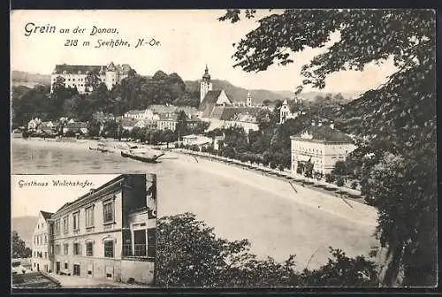 AK Grein an der Donau, Gasthaus Walchshofer, Uferpartie mit Schloss