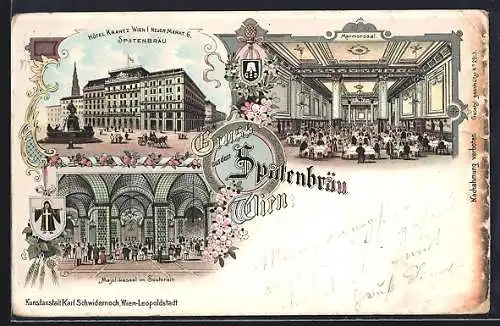 Lithographie Wien, Gasthaus Spatenbräu, Marmorsaal, Majolikasaal im Souterain, Hotel Krantz, Neuer Markt 6