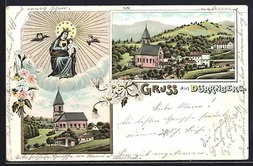 Lithographie Dürrnberg, Ortsansicht, Partie an der Kirche