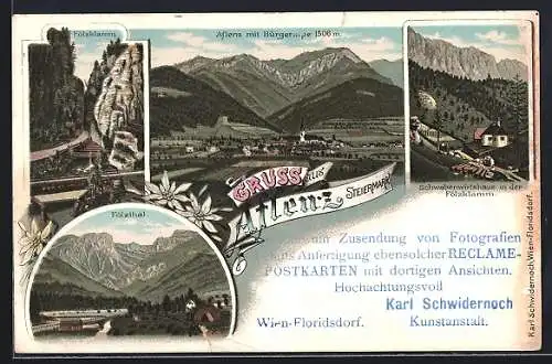 Lithographie Aflenz, Gasthof Schwabenwirtshaus in der Fölzklamm, Ortsansicht mit Bürgeralpe