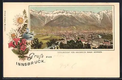 Lithographie Innsbruck, Totalansicht der Stadt, Blumenmotiv mit Edelweiss um 1900