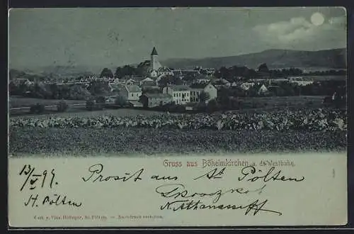 Mondschein-AK Böheimkirchen a. d. Westbahn, Teilansicht mit Kirche