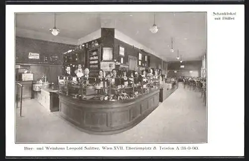 AK Wien XVII, Bier- und Weinhaus Leopold Salitter, Elferleinplatz 8, Schanklokal mit Büffet