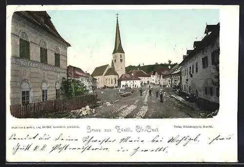 AK Zwettl /Ob.-Oest., Strassenpartie mit Kirche