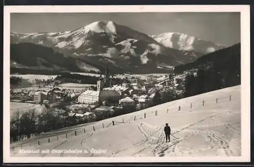 AK Mariazell, Teilansicht mit Gemeindealpe und Ötscher im Schnee