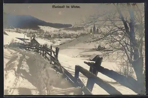 AK Mariazell, Teilansicht mit Kirche im Winter