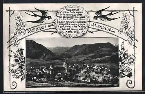 AK Mariazell, Teilansicht mit Kirche, Schwalben mit Alpenblumen, Passepartout