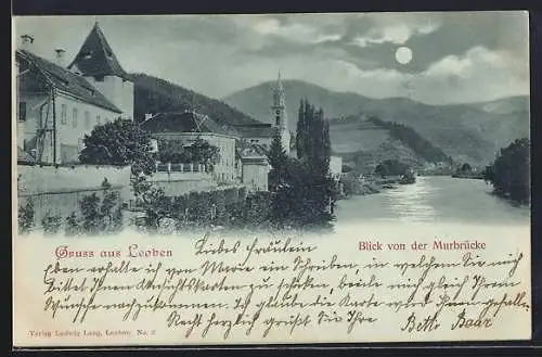 Mondschein-AK Leoben, Blick von der Murbrücke mit Kirche