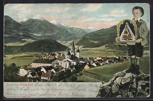 AK Maria Zell, Gesamtansicht aus der Vogelschau, Junge mit Heiligenfigur