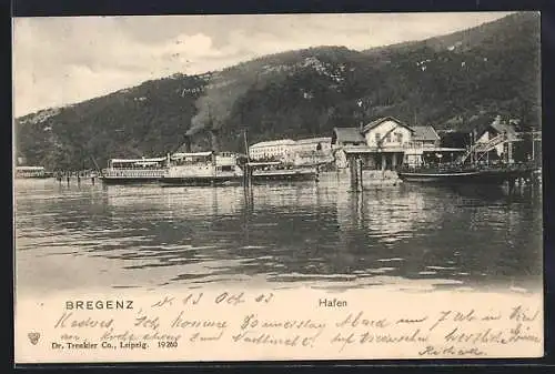 AK Bregenz, Hafenpanorama vom Wasser aus, mit Dampfer