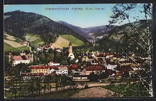 AK Aspang, Blick von der Anhöhe auf den Berg