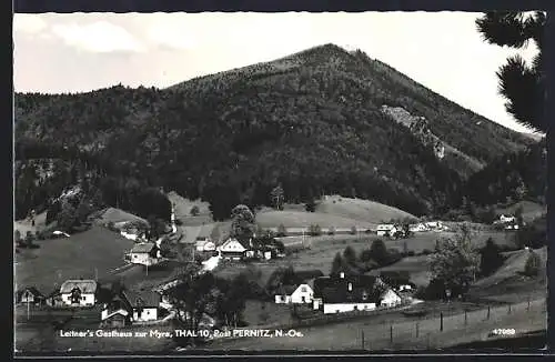 AK Pernitz, Thal mit Leitners Gasthaus zur Myra und Bergblick
